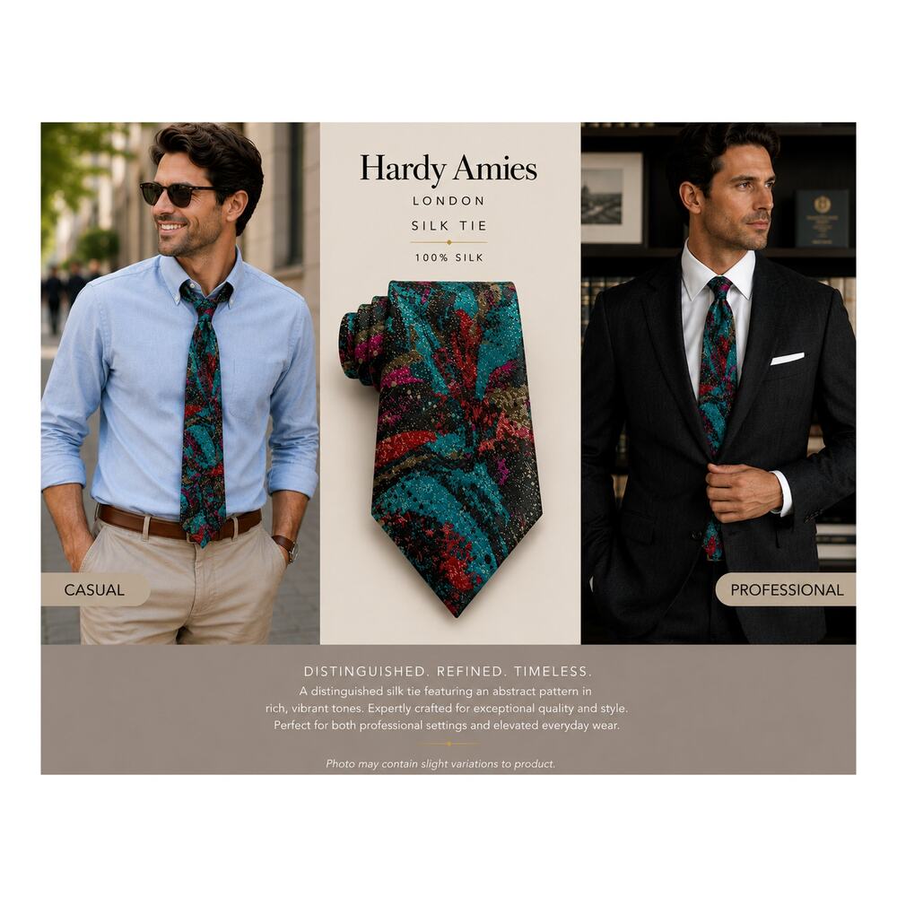Vintage Hardy Amies London Silk Tie Mens Abstract Teal Burgundy Maximalist